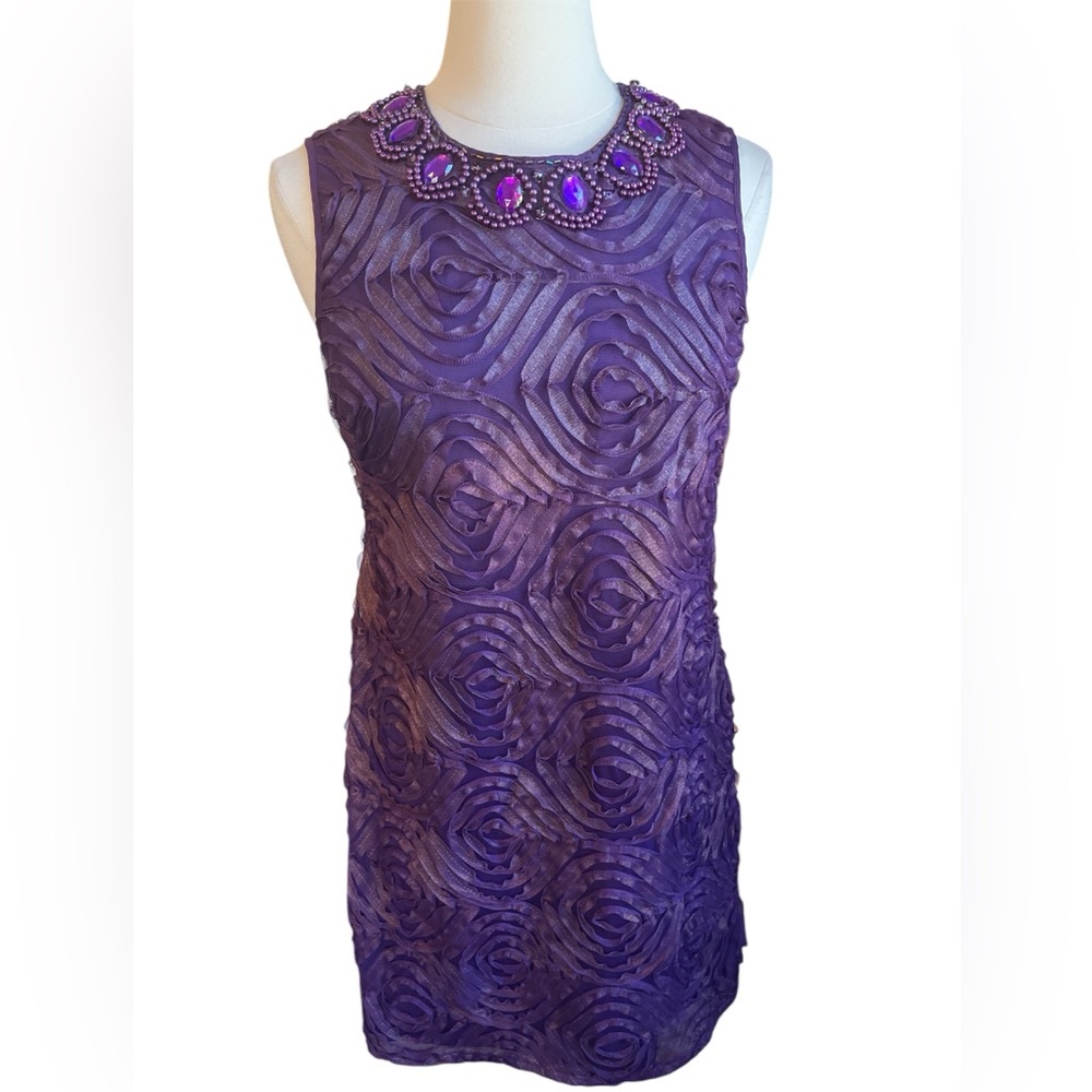 Adrianna Papell Purple Dress w/Gold sheen tool detail & embellished top Size 8